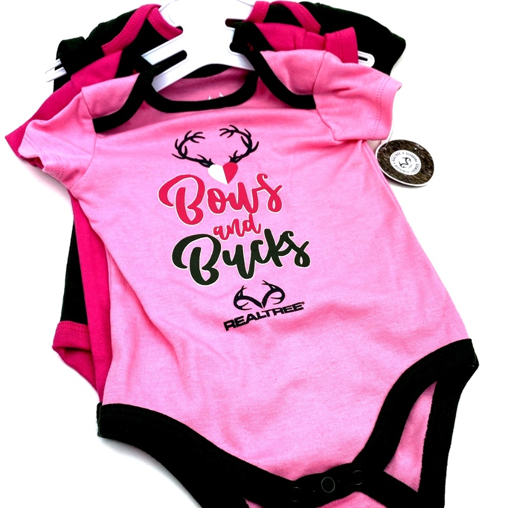 Realtree Baby Bodysuit Size 6/9m Girls 3pc Set Bows Bucks Snap Buttons Children
